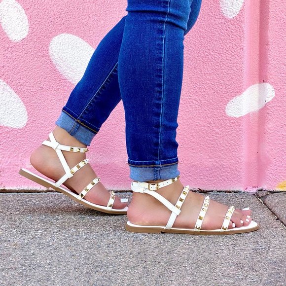 White Vegan Leather Studded Gladiator Sandals - Picture 5 of 5